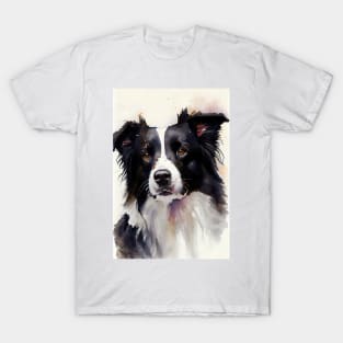 Black and White Border Collie Watercolor Portrait T-Shirt